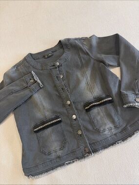 DG2 by Diane Gilman Washed Gray Button-Front Jean Jacket with Trim